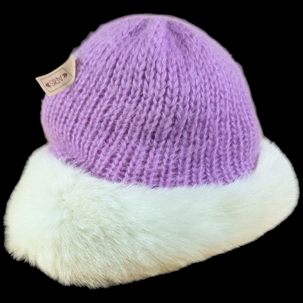 Aris Pink Lavender Beanie White Womens Winter Knit And Faux Fur Cuff
